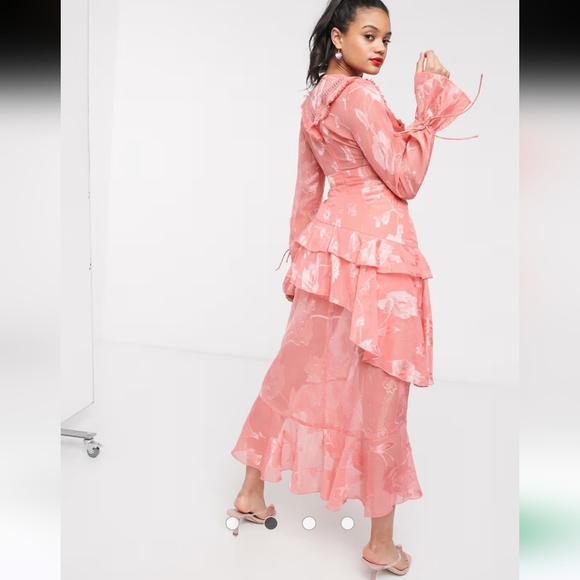 DARK PINK Frill Lacr plunge front midi dress In Hot Pink. Size 8 NWT - Picture 8 of 16